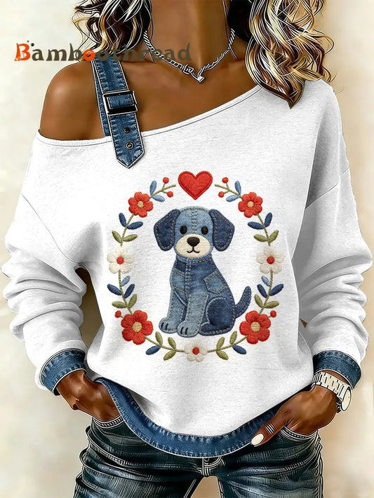 Women’s Vintage Dog Floral Patchwork Print Casual Off-Shoulder Sweatshirt As picture / S