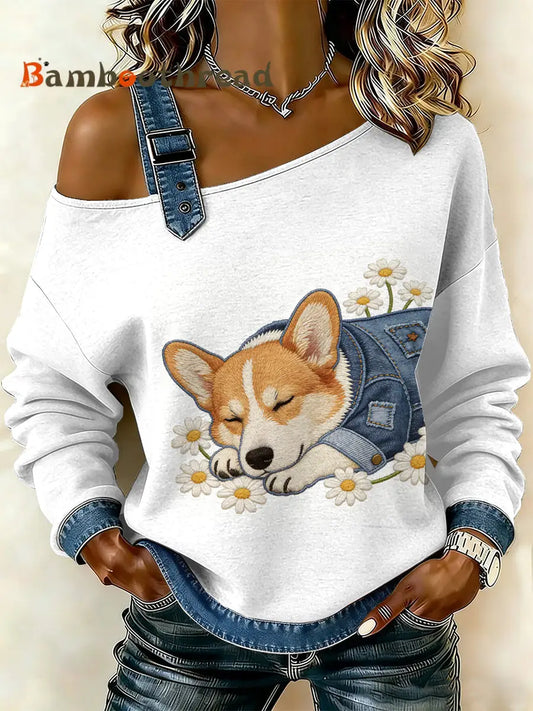 Women’s Vintage Dog Patchwork Print Casual Off-Shoulder Sweatshirt As picture / S