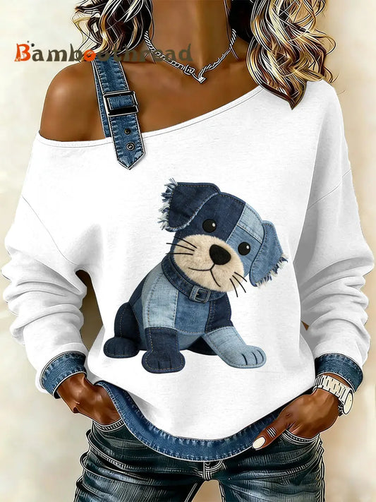 Women’s Vintage Dog Patchwork Print Casual Off-Shoulder Sweatshirt As picture / S