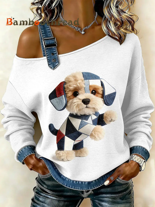 Women’s Vintage Dog Patchwork Print Casual Off-Shoulder Sweatshirt As picture / S