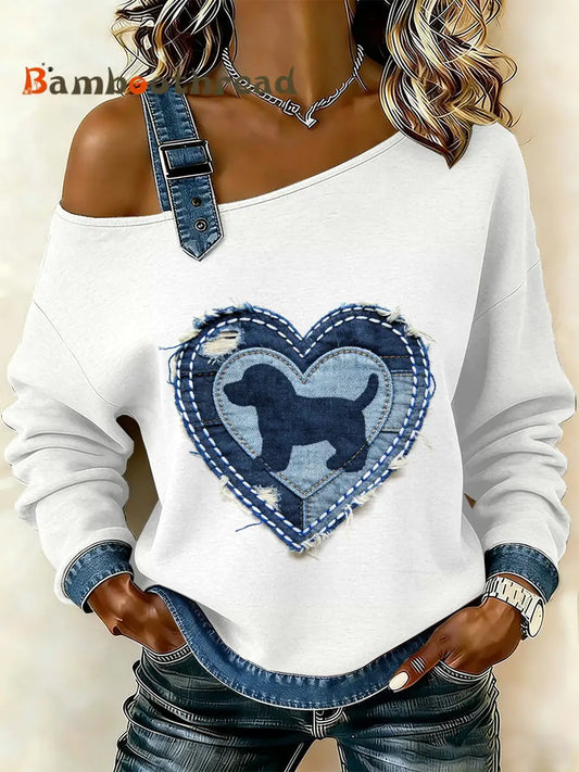 Women’s Vintage Dog Patchwork Print Casual Off-Shoulder Sweatshirt As picture / S