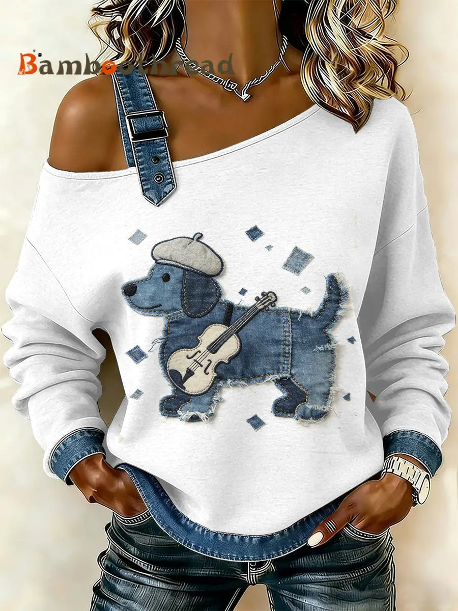 Women’s Vintage Dog Patchwork Print Casual Off-Shoulder Sweatshirt As picture / S