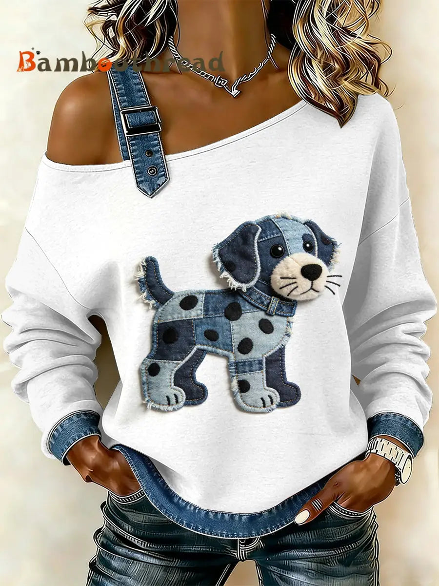 Women’s Vintage Dog Patchwork Print Casual Off-Shoulder Sweatshirt As picture / S