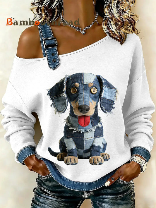 Women’s Vintage Dog Patchwork Print Casual Off-Shoulder Sweatshirt As picture / S
