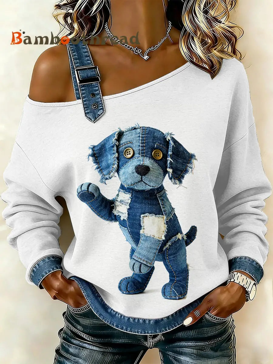 Women’s Vintage Dog Patchwork Print Casual Off-Shoulder Sweatshirt As picture / S