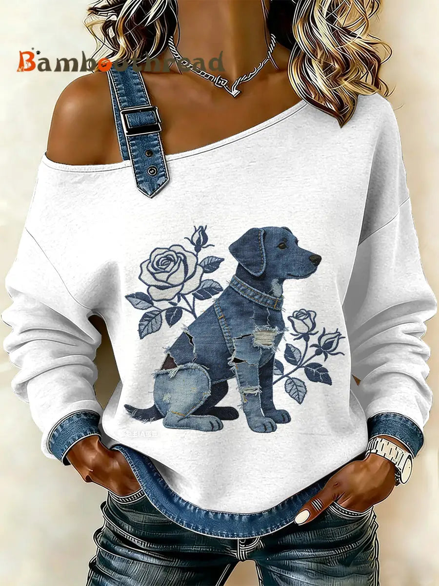 Women’s Vintage Dog Patchwork Print Casual Off-Shoulder Sweatshirt As picture / S