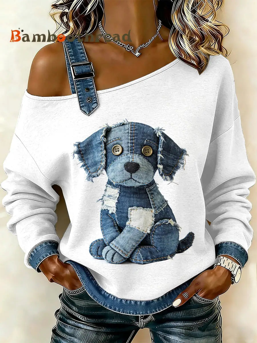 Women’s Vintage Dog Patchwork Print Casual Off-Shoulder Sweatshirt As picture / S