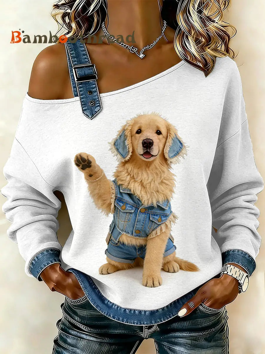Women’s Vintage Dog Patchwork Print Casual Off-Shoulder Sweatshirt As picture / S