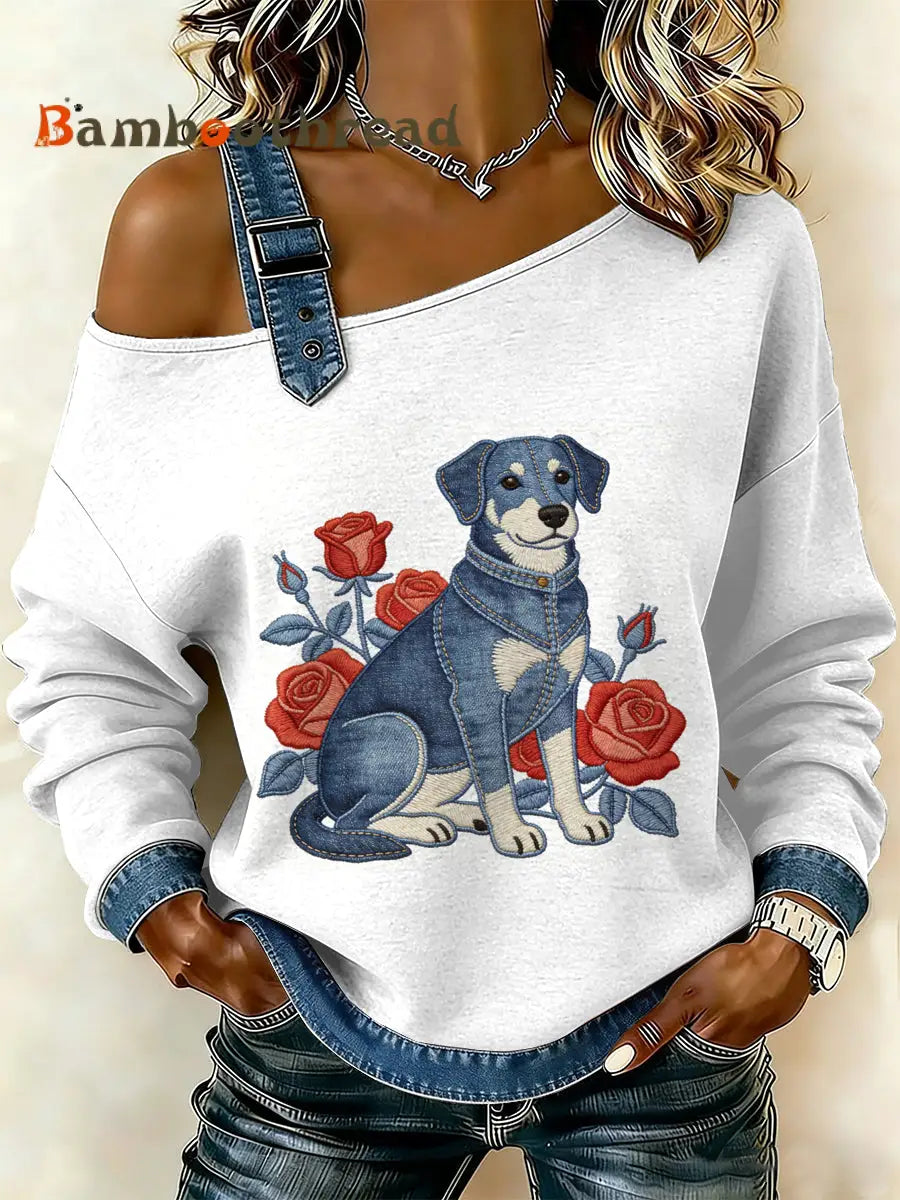 Women’s Vintage Dog Patchwork Print Casual Off-Shoulder Sweatshirt As picture / S