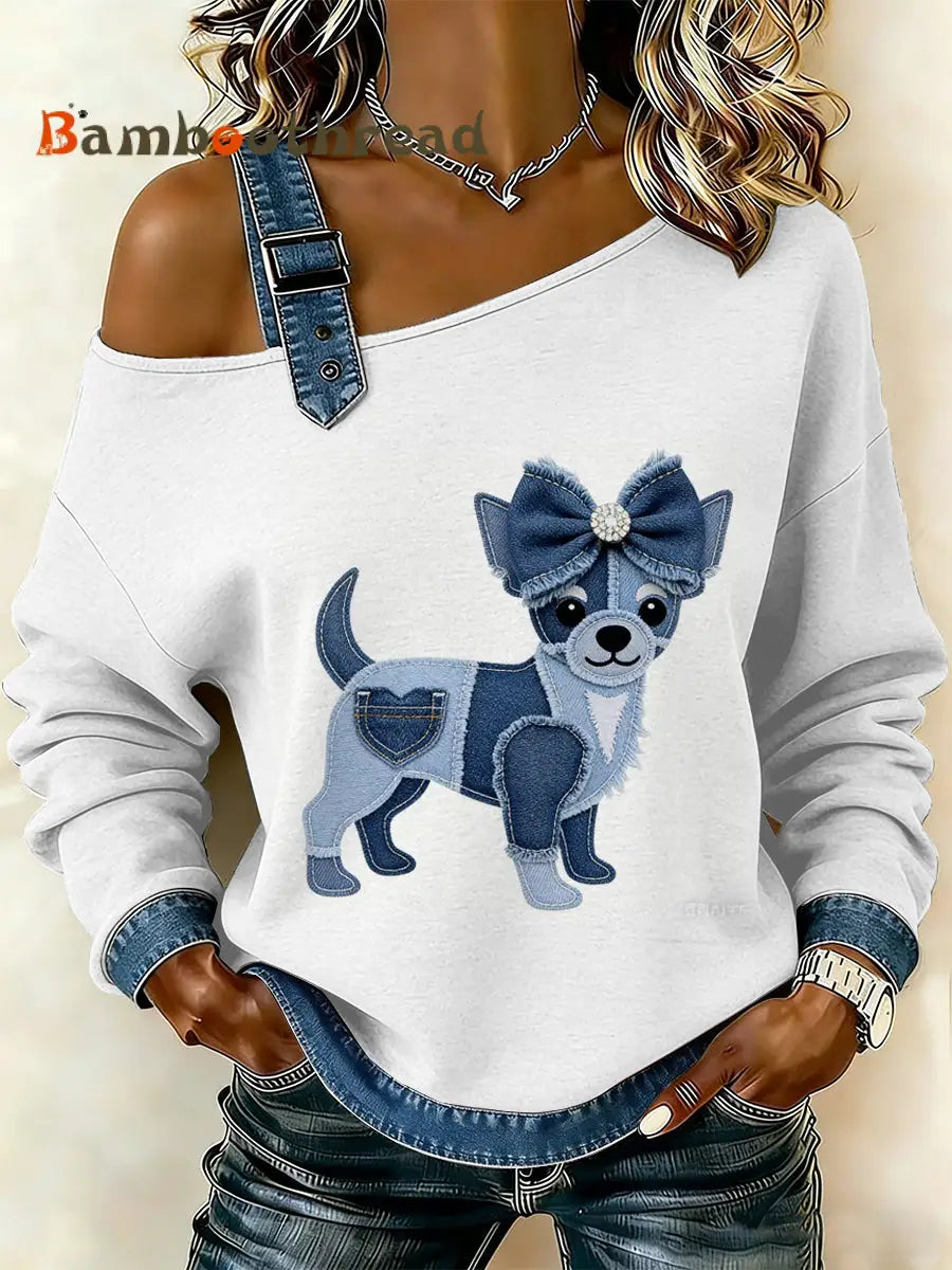 Women’s Vintage Dog Patchwork Print Casual Off-Shoulder Sweatshirt As picture / S