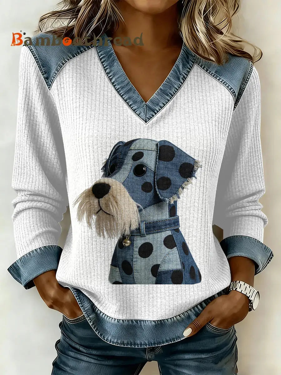 Women’s Vintage Dog Patchwork Print Casual V-Neck Sweatshirt As picture / S
