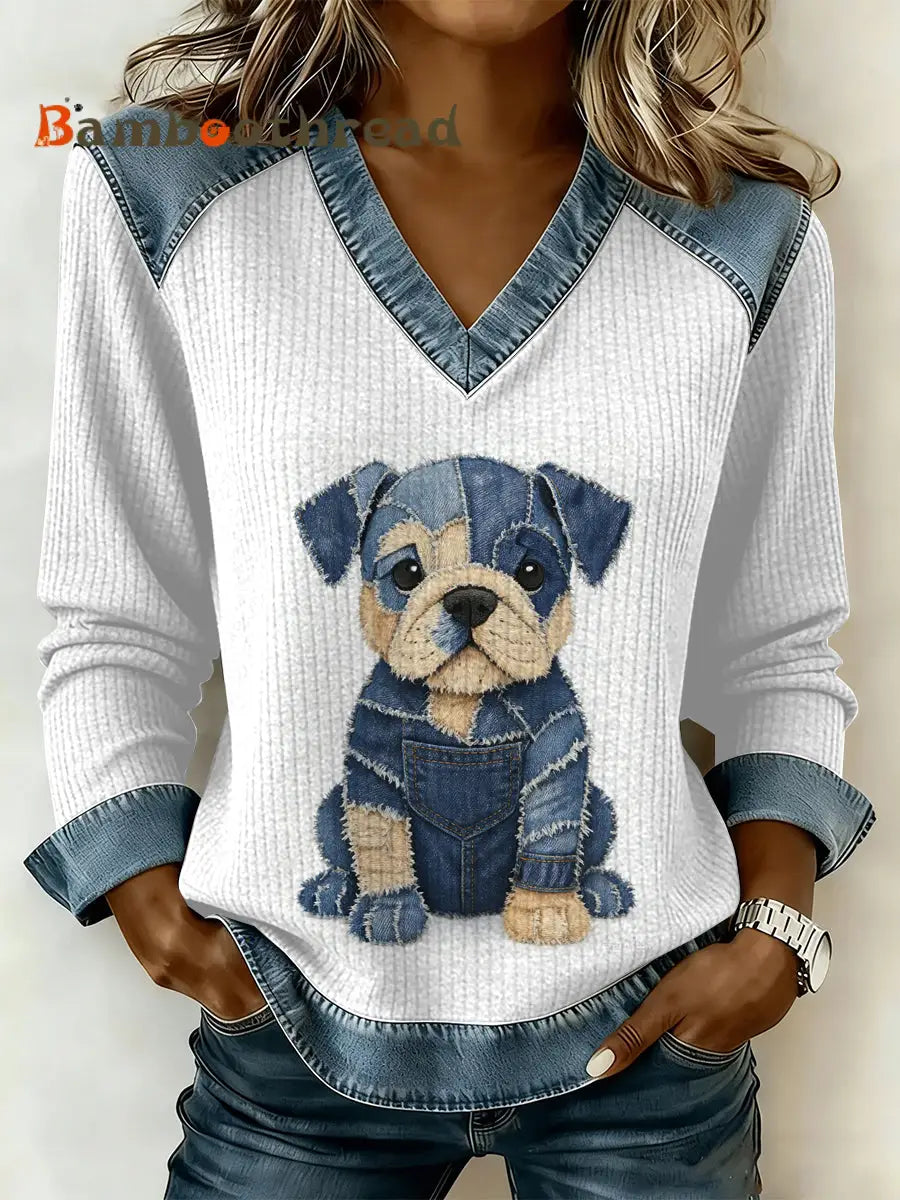 Women’s Vintage Dog Patchwork Print Casual V-Neck Sweatshirt As picture / S