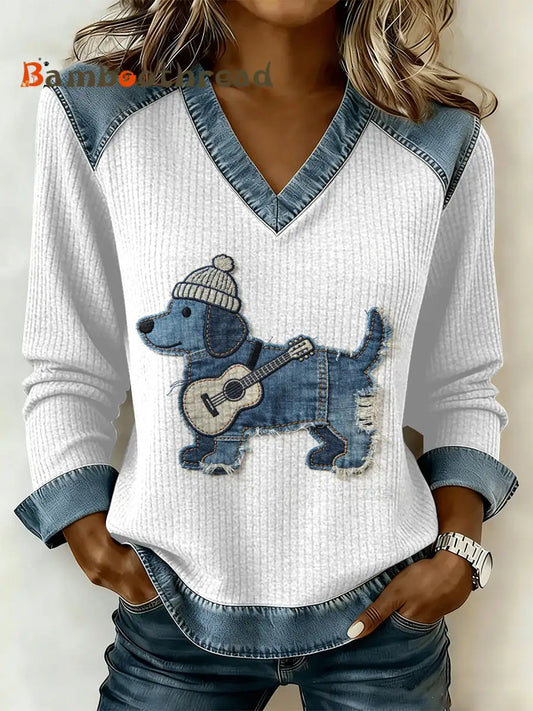 Women’s Vintage Dog Patchwork Print Casual V-Neck Sweatshirt As picture / S