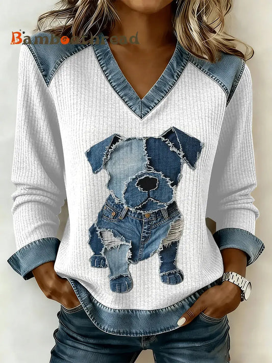 Women’s Vintage Dog Patchwork Print Casual V-Neck Sweatshirt As picture / S