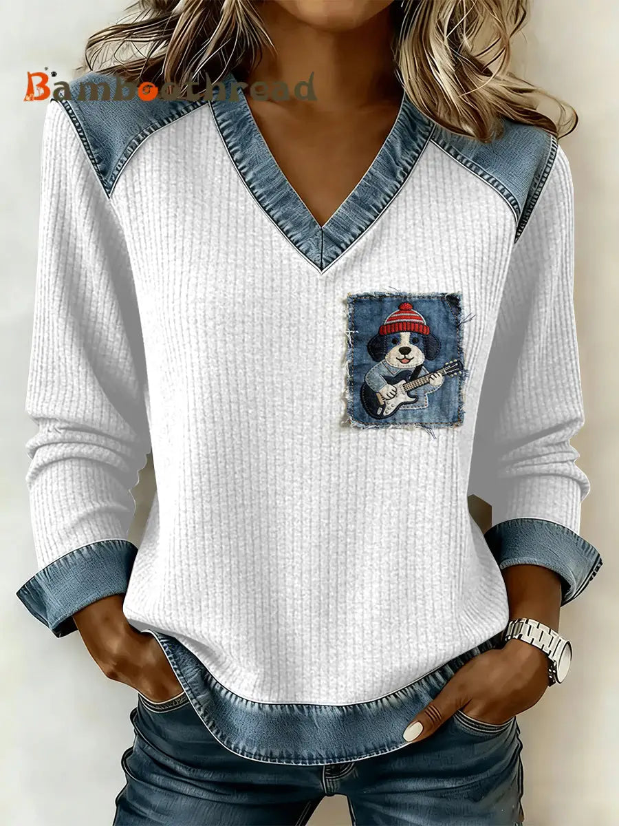 Women’s Vintage Dog Patchwork Print Casual V-Neck Sweatshirt As picture / S