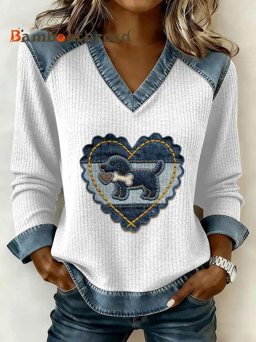 Women’s Vintage Dog Patchwork Print Casual V-Neck Sweatshirt As picture / S