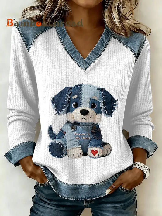 Women’s Vintage Dog Patchwork Print Casual V-Neck Sweatshirt As picture / S