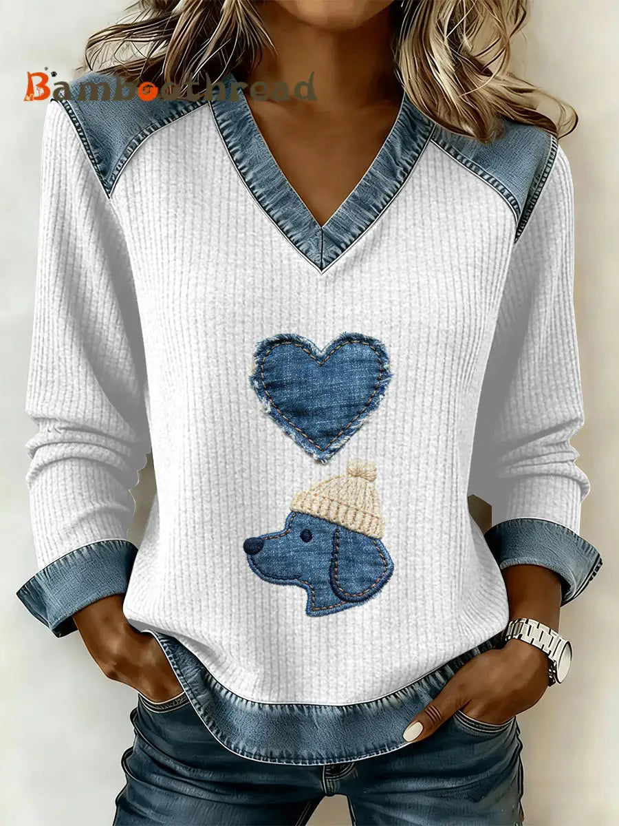 Women’s Vintage Dog Patchwork Print Casual V-Neck Sweatshirt As picture / S