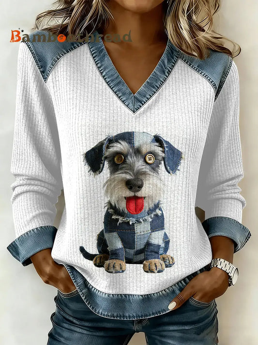 Women’s Vintage Dog Patchwork Print Casual V-Neck Sweatshirt As picture / S
