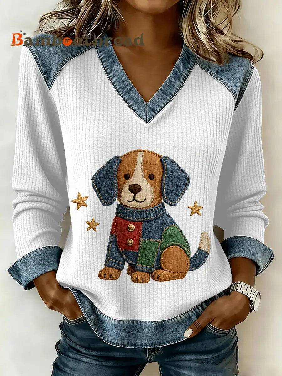 Women’s Vintage Dog Patchwork Print Casual V-Neck Sweatshirt As picture / S