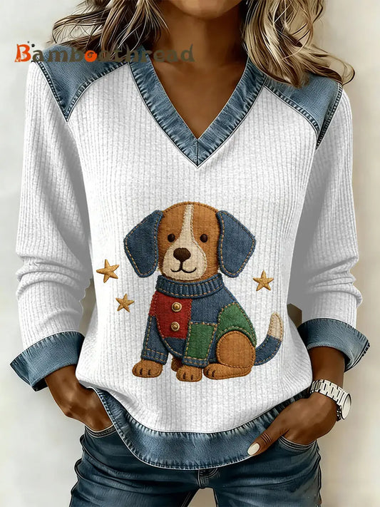 Women’s Vintage Dog Patchwork Print Casual V-Neck Sweatshirt As picture / S
