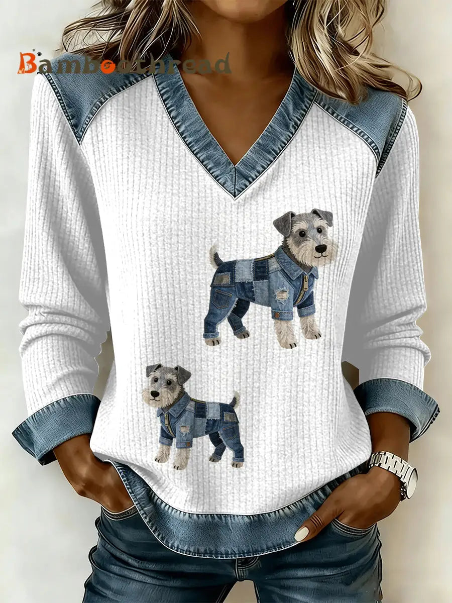 Women’s Vintage Dog Patchwork Print Casual V-Neck Sweatshirt As picture / S