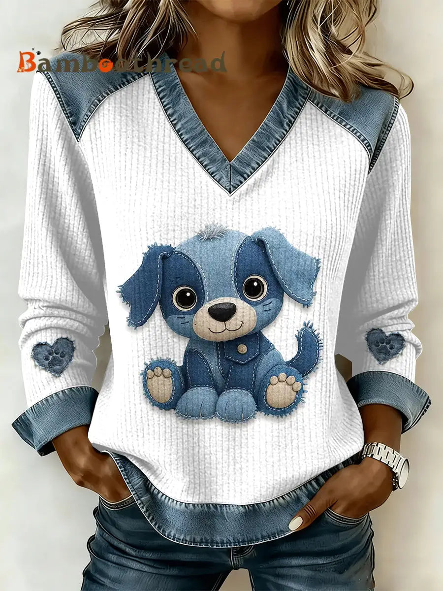 Women’s Vintage Dog Patchwork Print Casual V-Neck Sweatshirt As picture / S