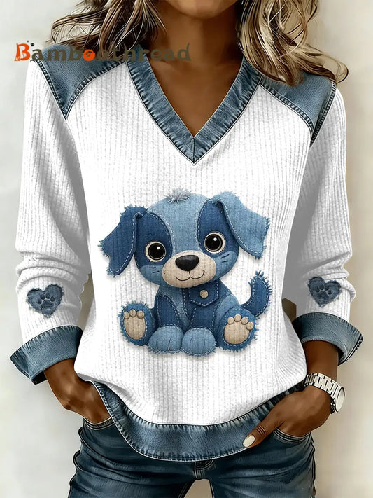 Women’s Vintage Dog Patchwork Print Casual V-Neck Sweatshirt As picture / S