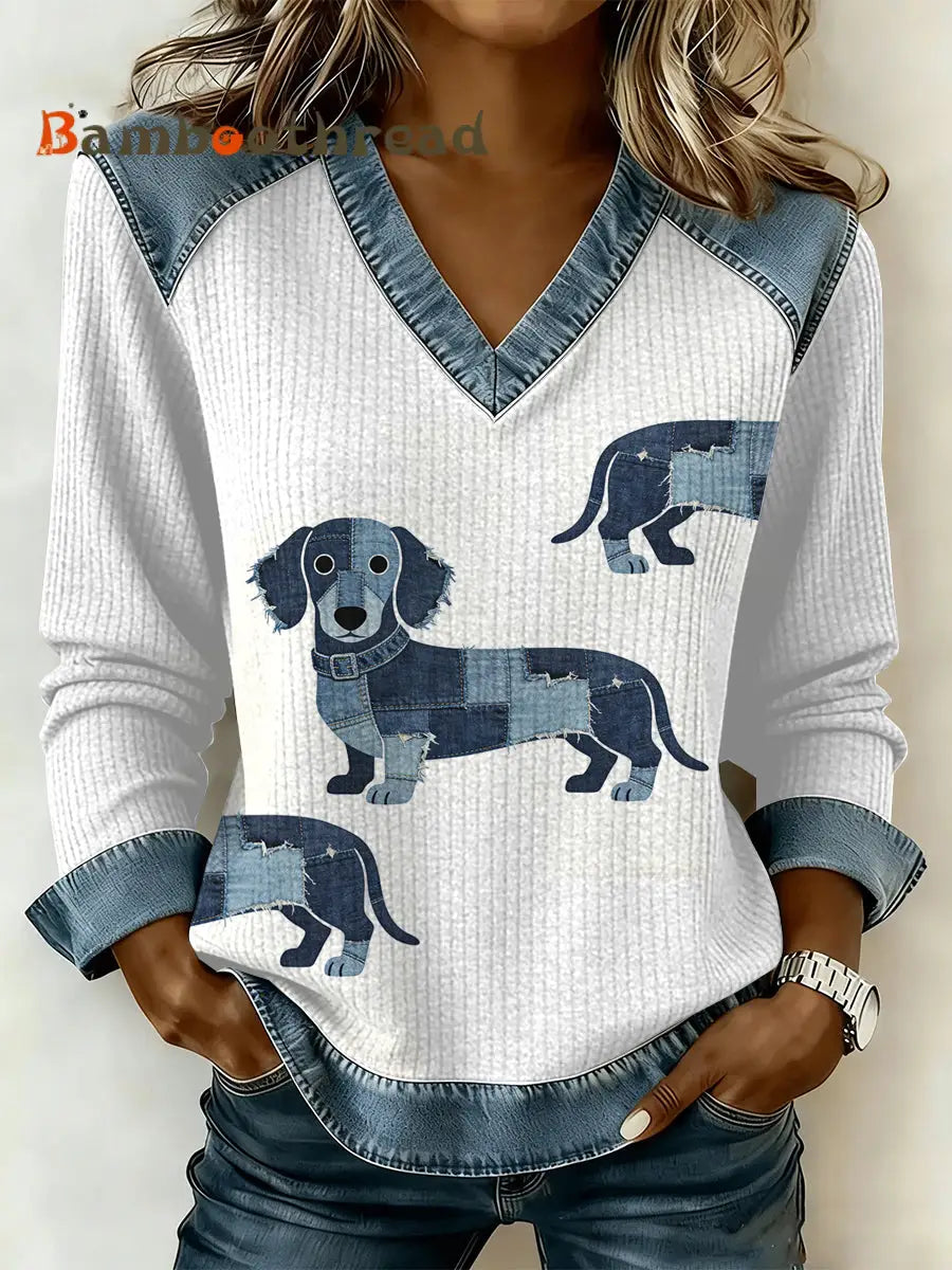 Women’s Vintage Dog Patchwork Print Casual V-Neck Sweatshirt As picture / S