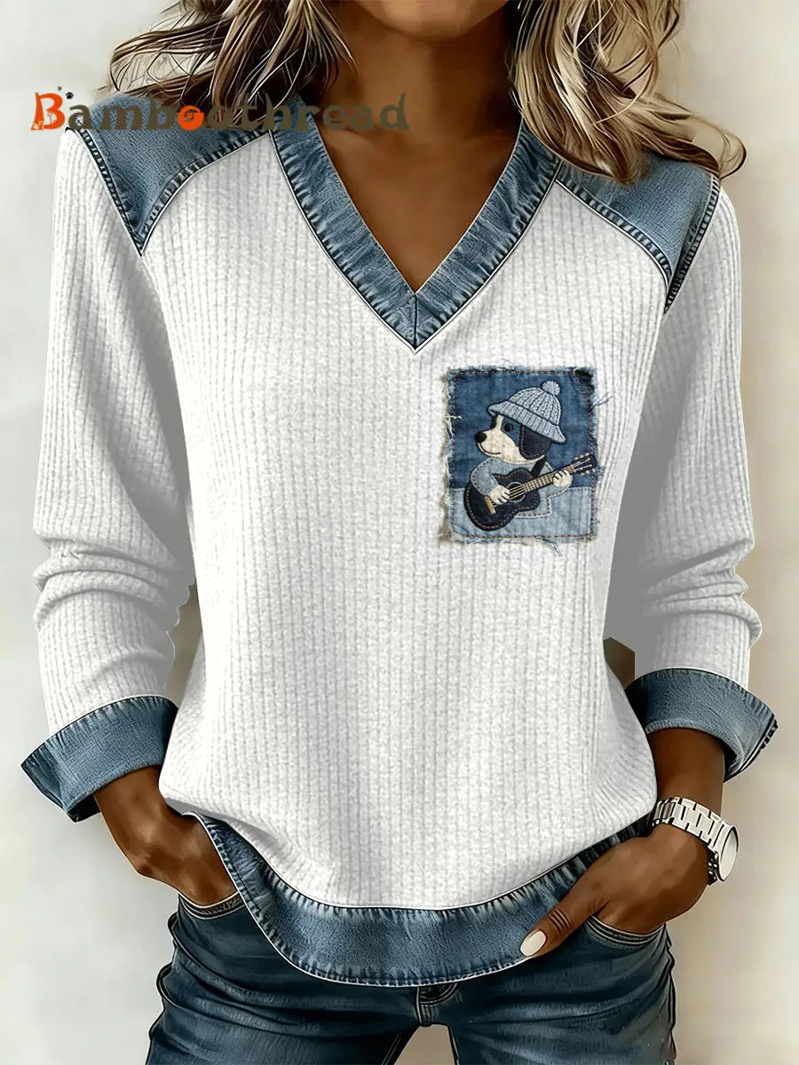 Women’s Vintage Dog Patchwork Print Casual V-Neck Sweatshirt As picture / S