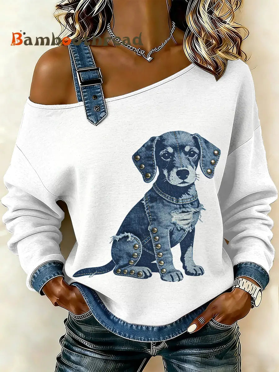 Women’s Vintage Dog Paw Patchwork Print Casual Off-Shoulder Sweatshirt As picture / S