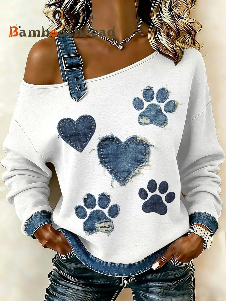 Women’s Vintage Dog Paw Patchwork Print Casual Off-Shoulder Sweatshirt As picture / S