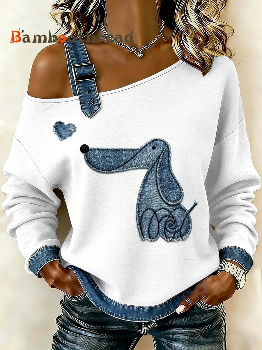 Women’s Vintage Dog Paw Patchwork Print Casual Off-Shoulder Sweatshirt As picture / S