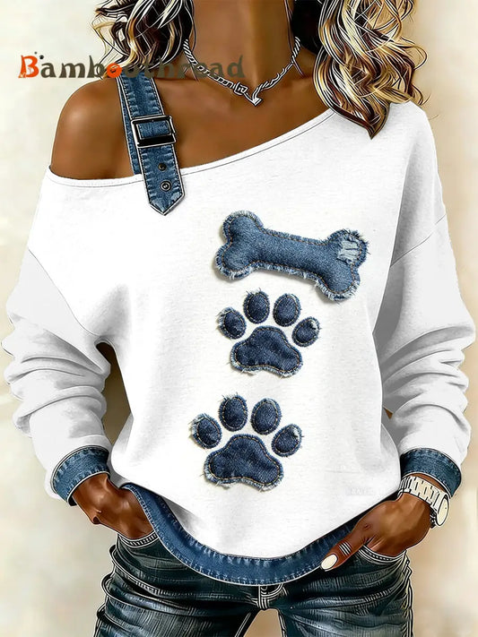 Women’s Vintage Dog Paw Patchwork Print Casual Off-Shoulder Sweatshirt As picture / S