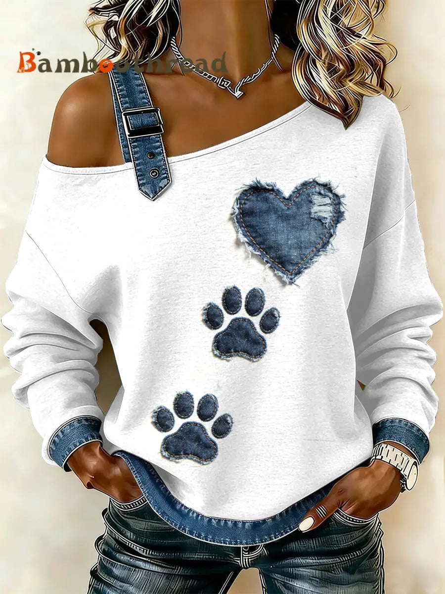Women’s Vintage Dog Paw Patchwork Print Casual Off-Shoulder Sweatshirt As picture / S