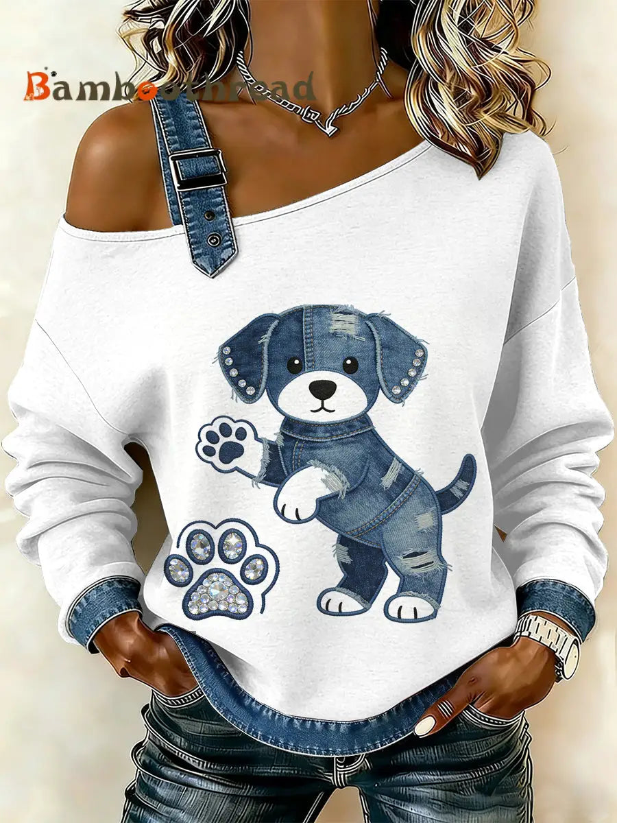 Women’s Vintage Dog Paw Patchwork Print Casual Off-Shoulder Sweatshirt As picture / S