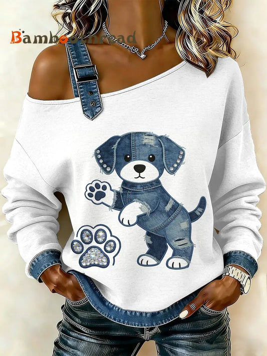 Women’s Vintage Dog Paw Patchwork Print Casual Off-Shoulder Sweatshirt As picture / S