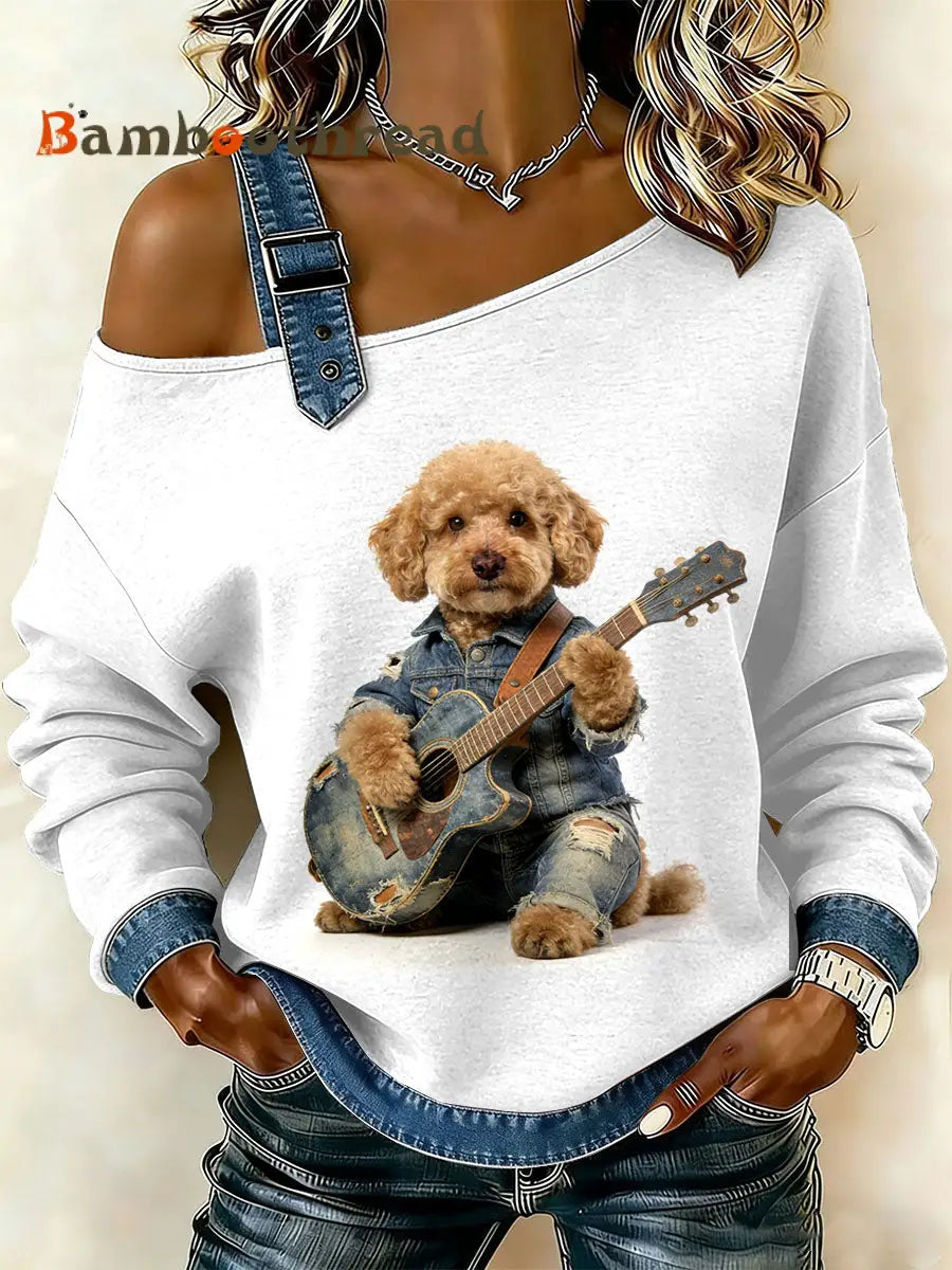 Women’s Vintage Dog’s Patchwork Print Casual Off-Shoulder Sweatshirt As picture / S