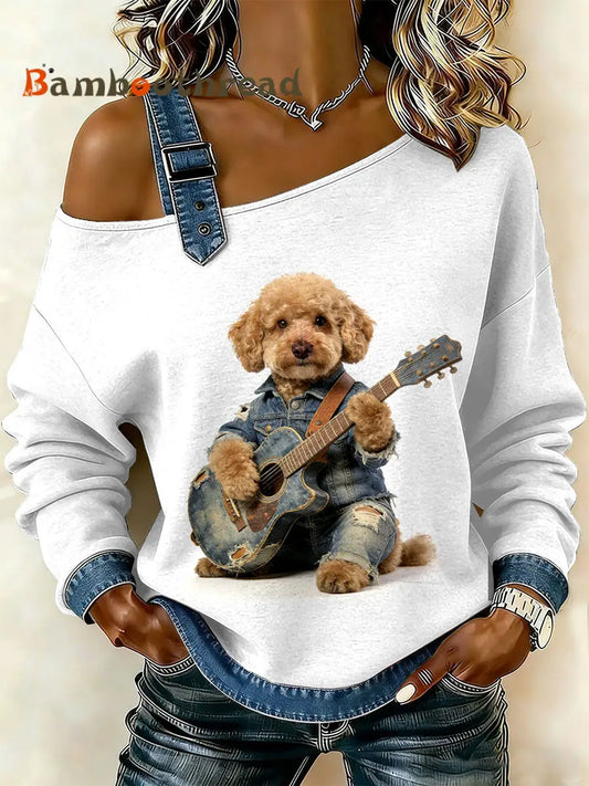 Women’s Vintage Dog’s Patchwork Print Casual Off-Shoulder Sweatshirt As picture / S
