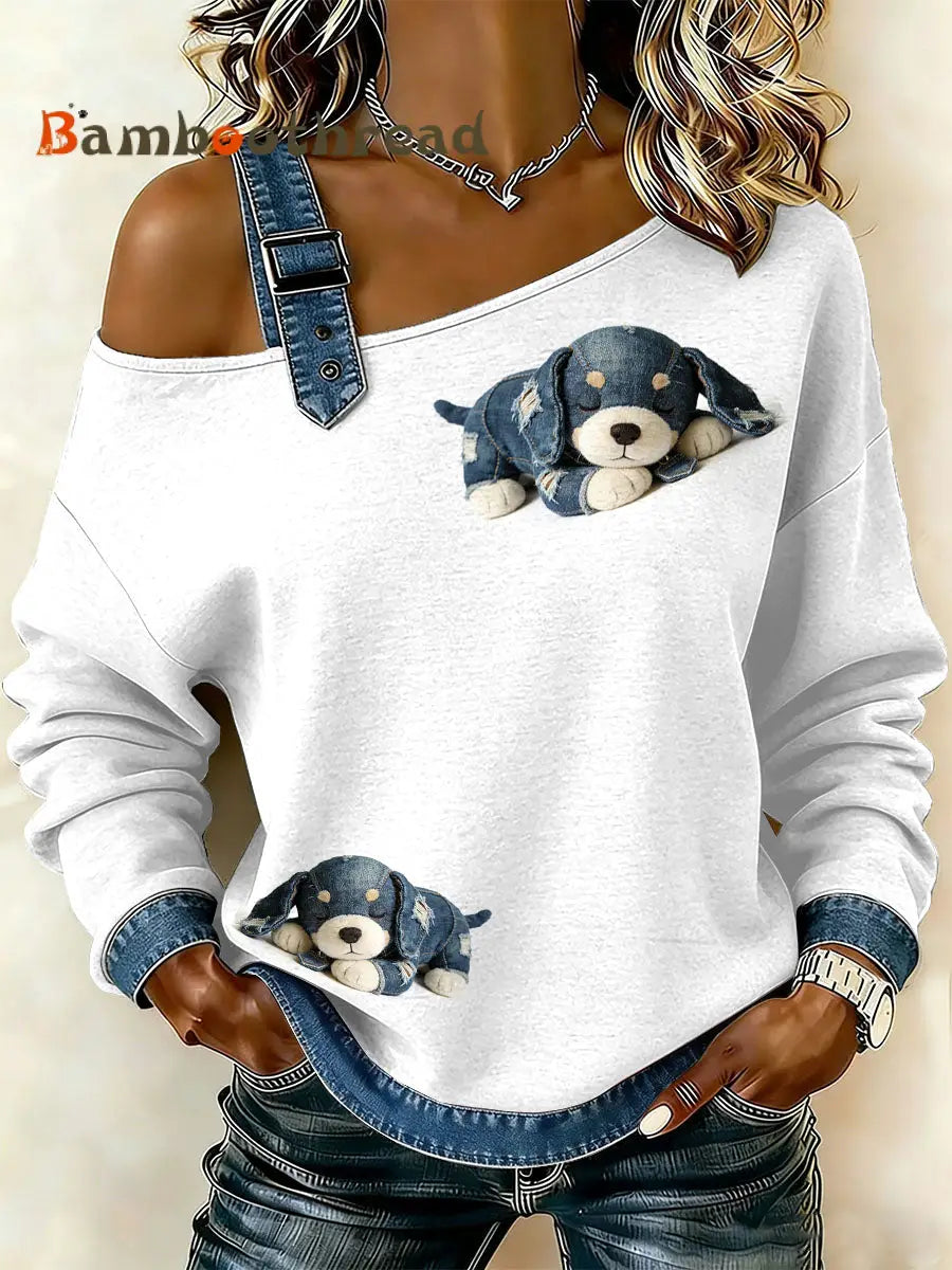 Women’s Vintage Dog’s Patchwork Print Casual Off-Shoulder Sweatshirt As picture / S
