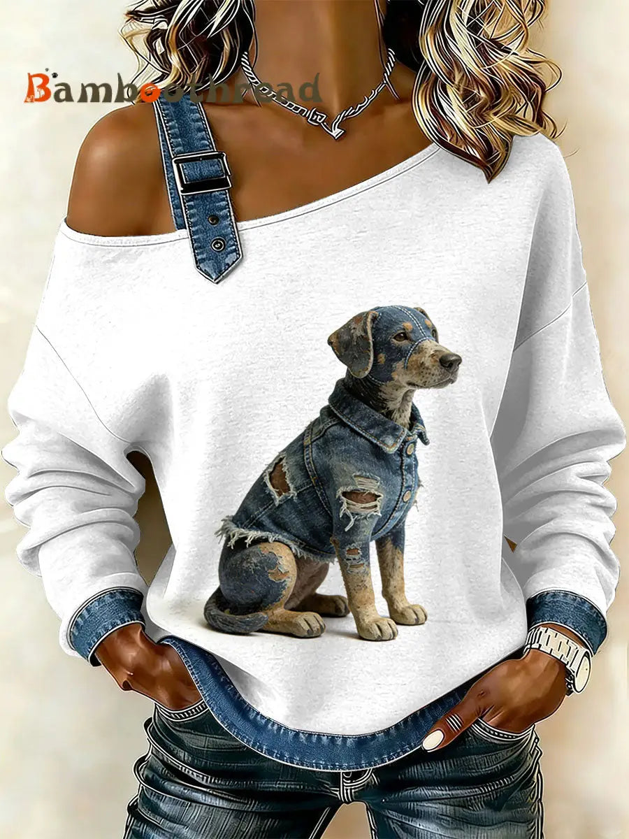 Women’s Vintage Dog’s Patchwork Print Casual Off-Shoulder Sweatshirt As picture / S