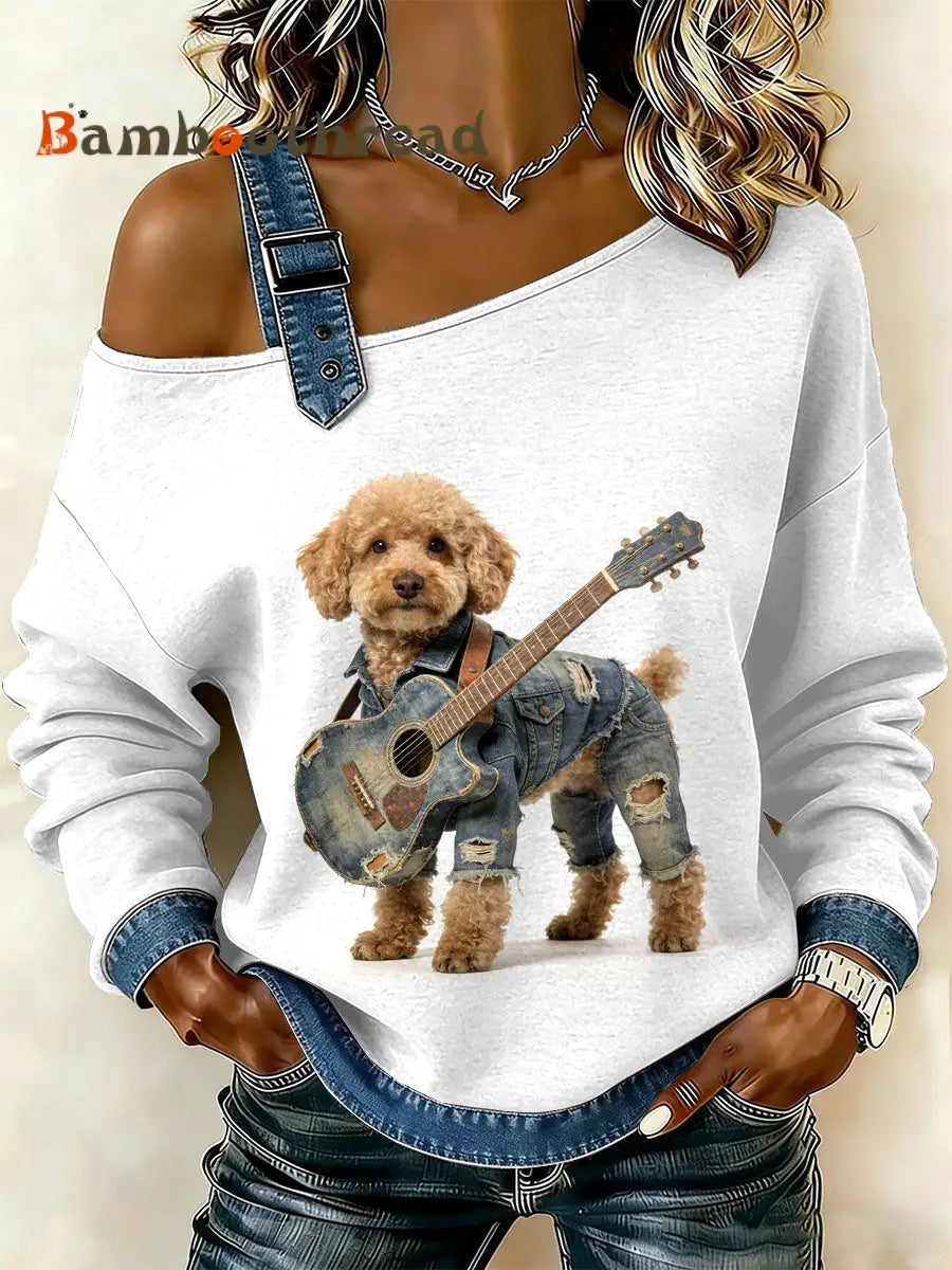 Women’s Vintage Dog’s Patchwork Print Casual Off-Shoulder Sweatshirt As picture / S