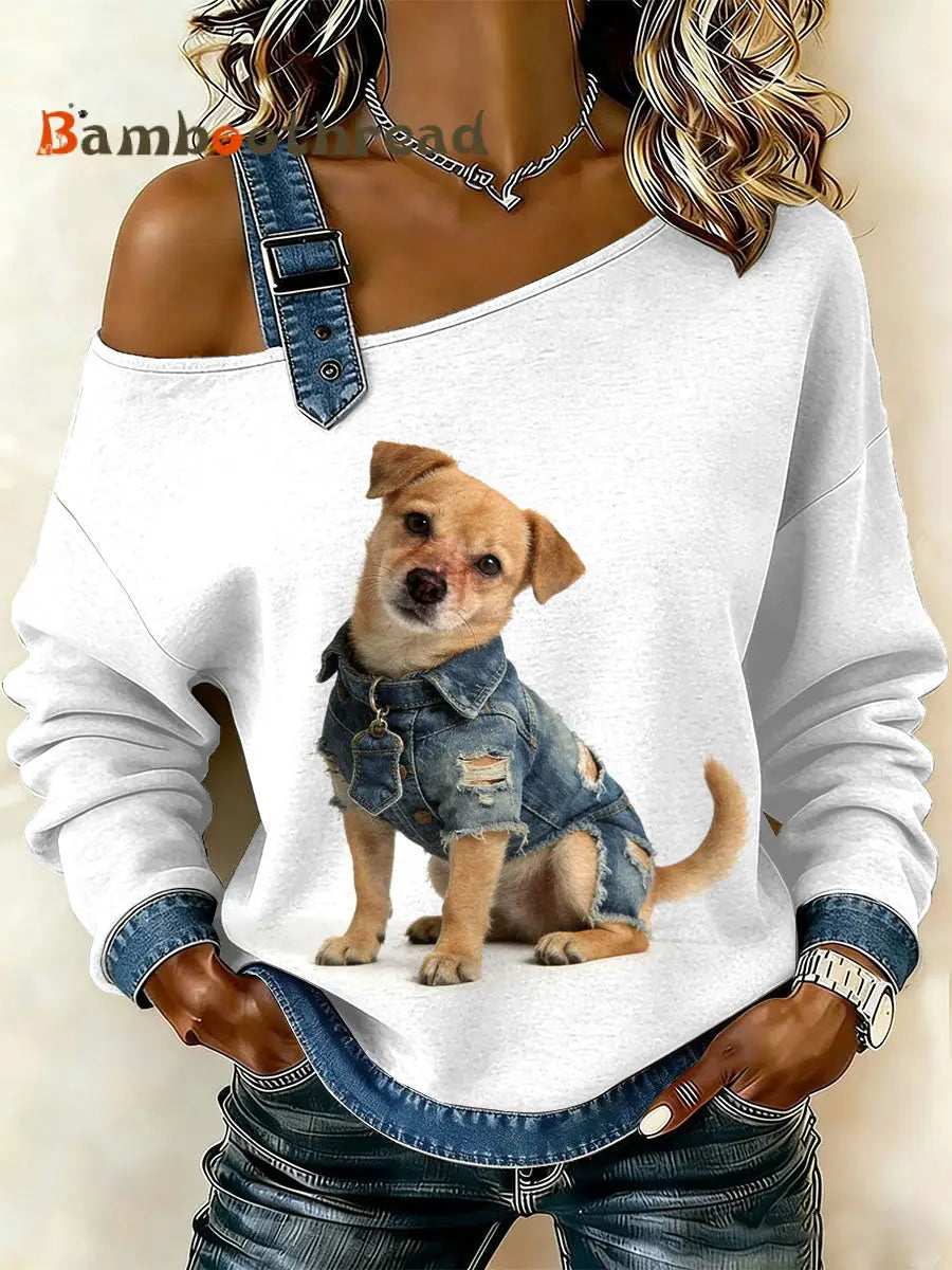 Women’s Vintage Dog’s Patchwork Print Casual Off-Shoulder Sweatshirt As picture / S