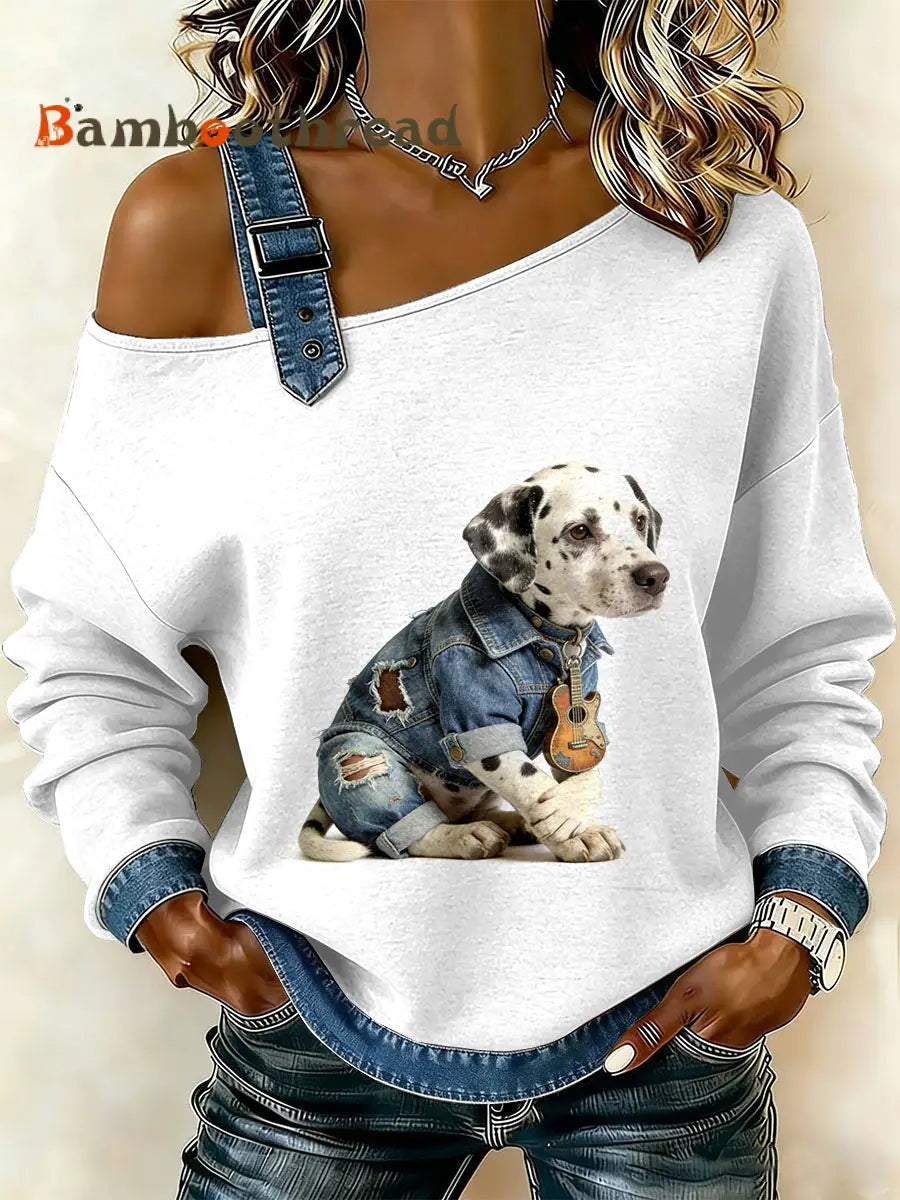 Women’s Vintage Dog’s Patchwork Print Casual Off-Shoulder Sweatshirt As picture / S