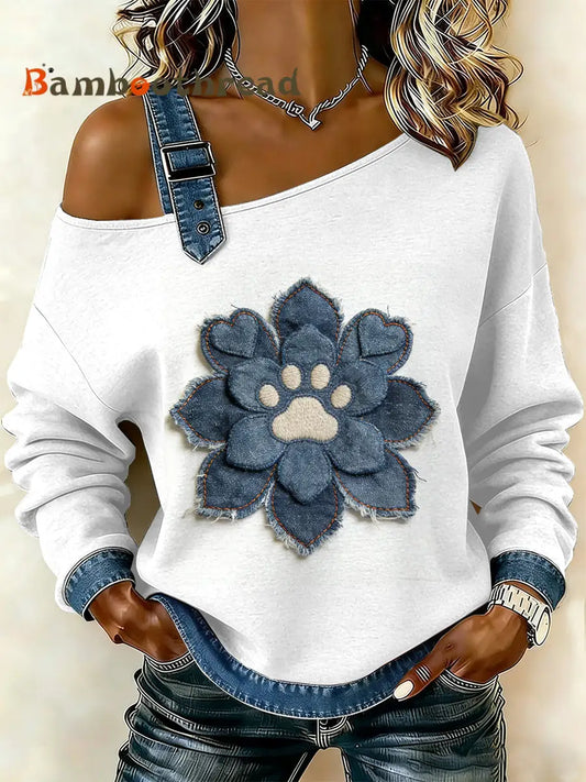 Women’s Vintage Dog’s Paw Patchwork Print Casual Off-Shoulder Sweatshirt As picture / S