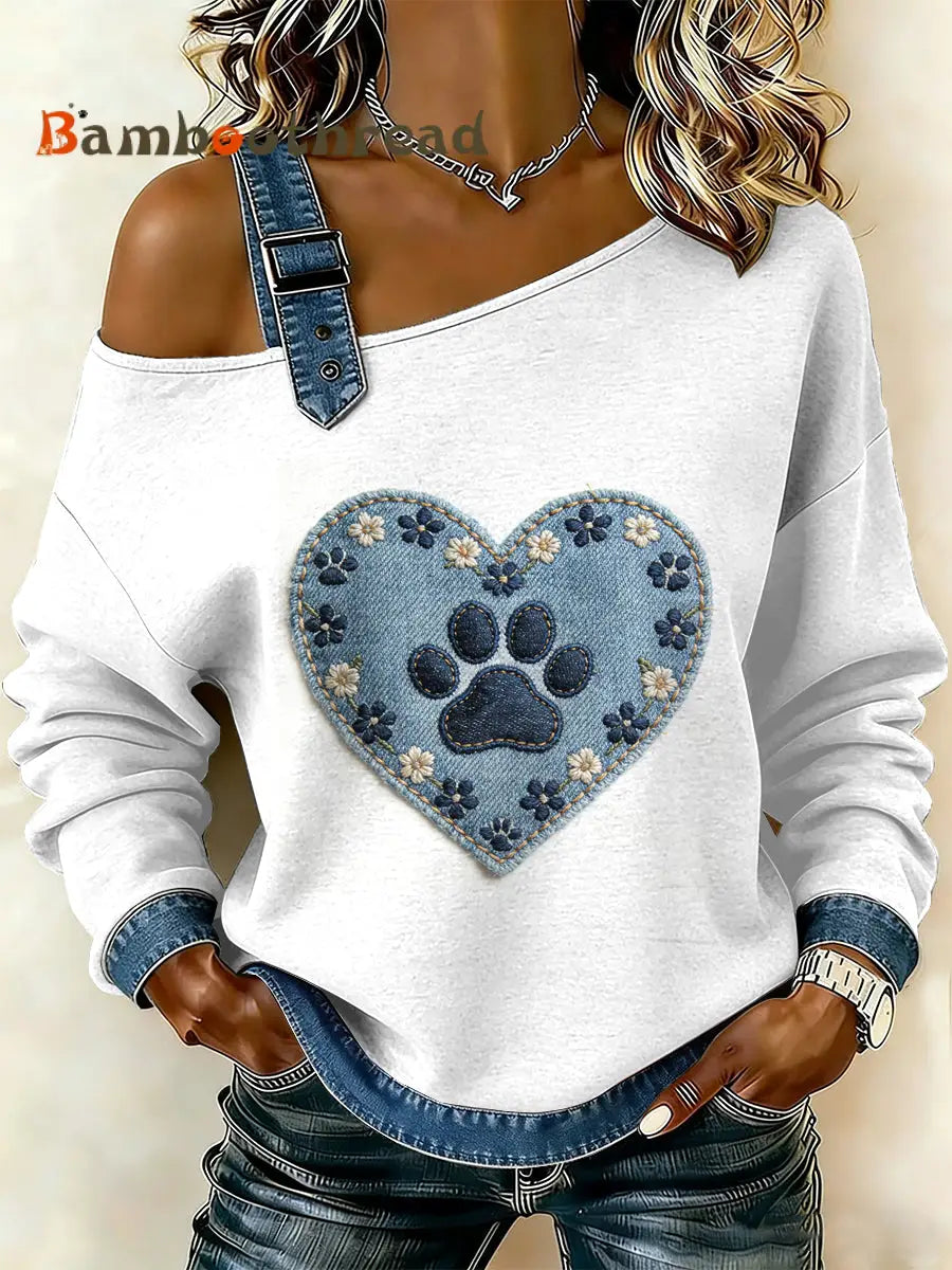 Women’s Vintage Dog’s Paw Patchwork Print Casual Off-Shoulder Sweatshirt As picture / S