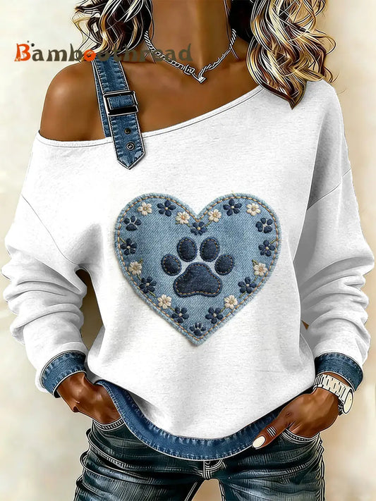 Women’s Vintage Dog’s Paw Patchwork Print Casual Off-Shoulder Sweatshirt As picture / S