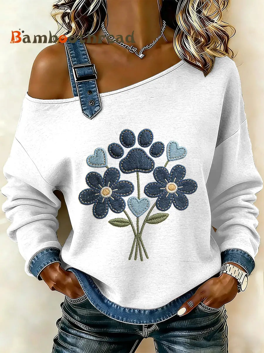 Women’s Vintage Dog’s Paw Patchwork Print Casual Off-Shoulder Sweatshirt As picture / S