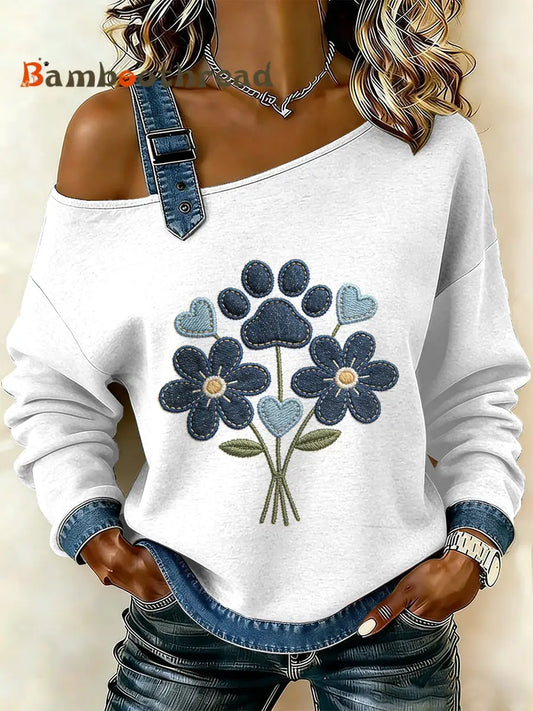 Women’s Vintage Dog’s Paw Patchwork Print Casual Off-Shoulder Sweatshirt As picture / S