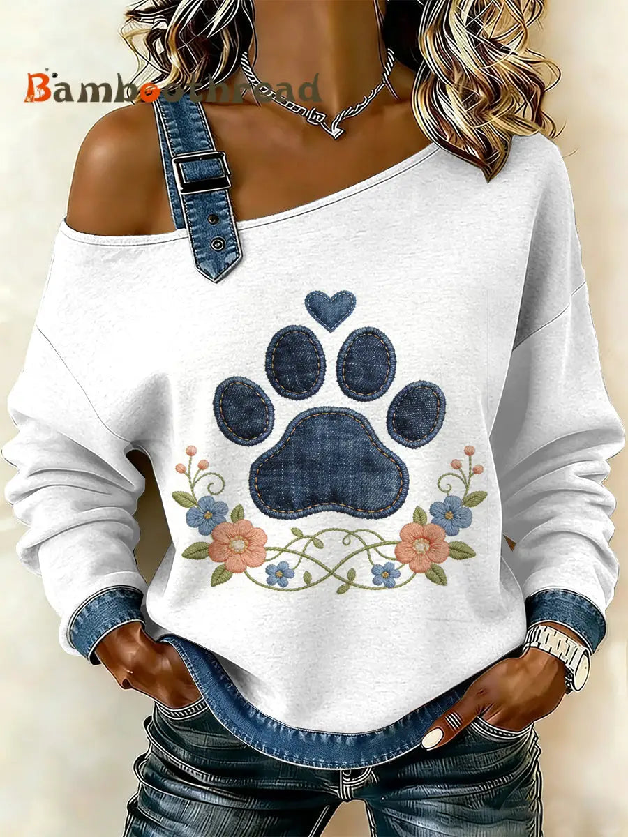 Women’s Vintage Dog’s Paw Patchwork Print Casual Off-Shoulder Sweatshirt As picture / S